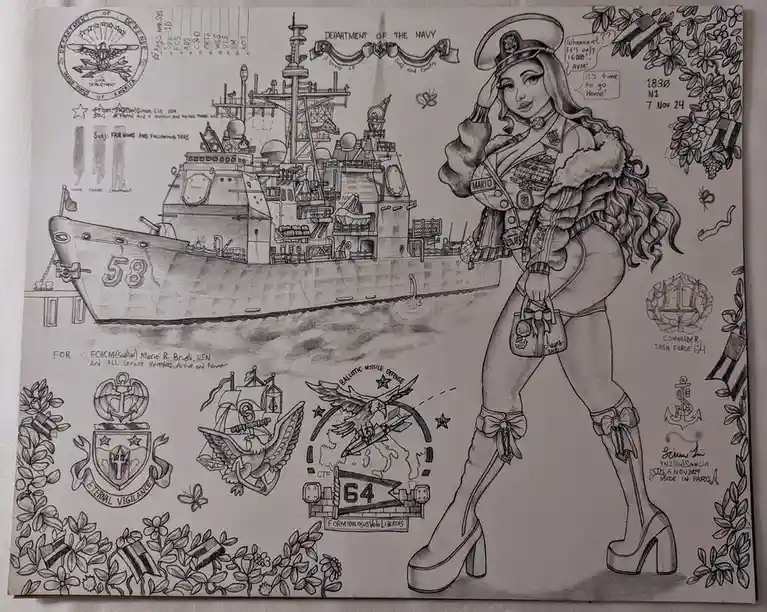 A detailed pencil drawing shows a stylized, curvaceous female sailor in high heels and a fur-trimmed jacket saluting next to…