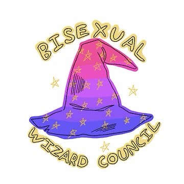 A cartoon-style wizard hat with a pink-to-purple gradient and yellow stars, surrounded by the text 'BISExUAL' arched above…