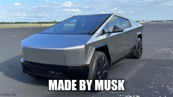 A silver, angular, futuristic-looking Tesla Cybertruck is parked on asphalt under a partly cloudy sky. Large white bold text…