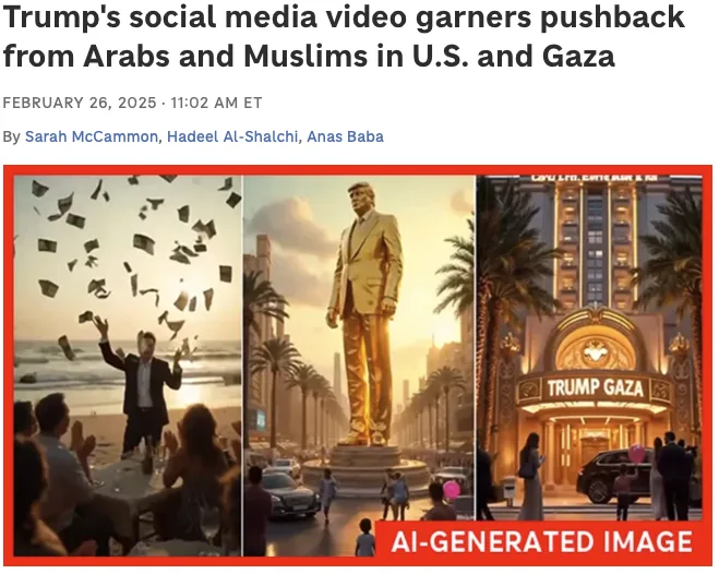 An AI-generated image collage shows three scenes: a man throwing money on a beach, a giant golden statue of Trump in a city…
