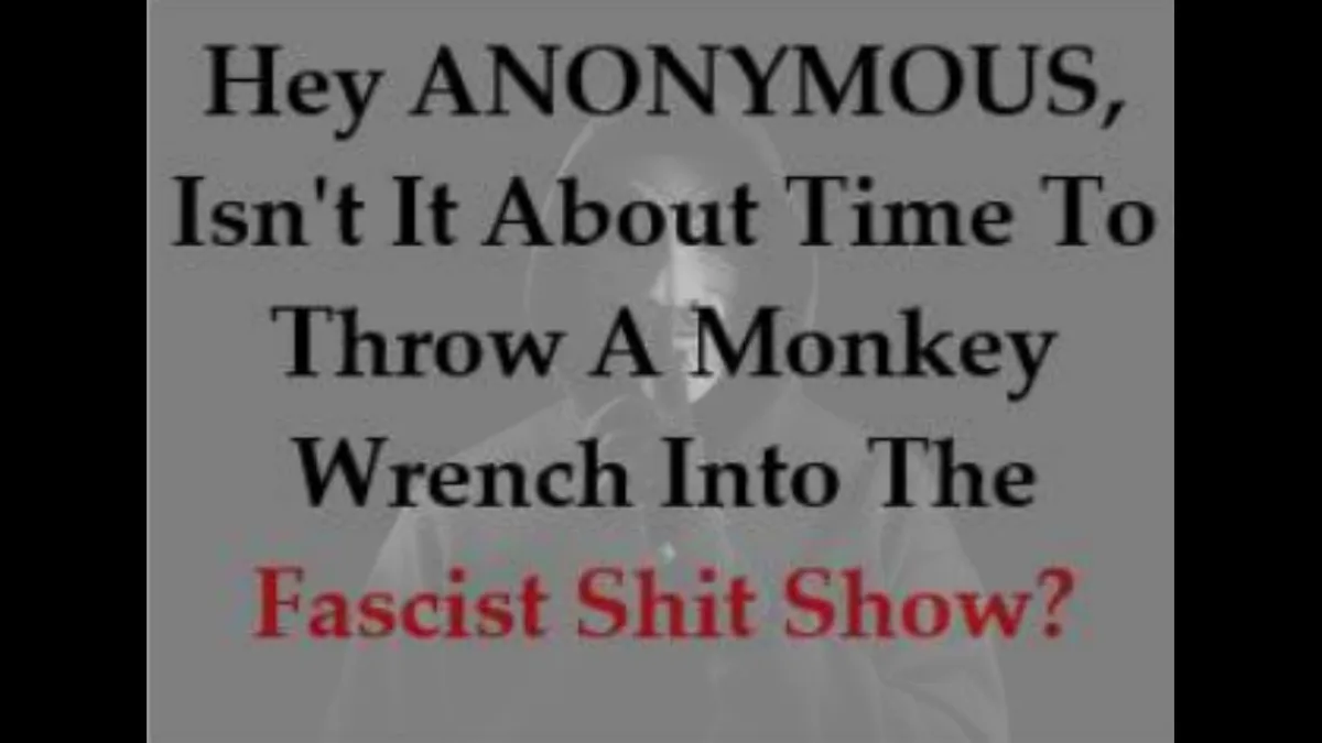 A grayscale image of a person in a hoodie with overlaid text that reads 'Hey ANONYMOUS, Isn't It About Time To Throw A…