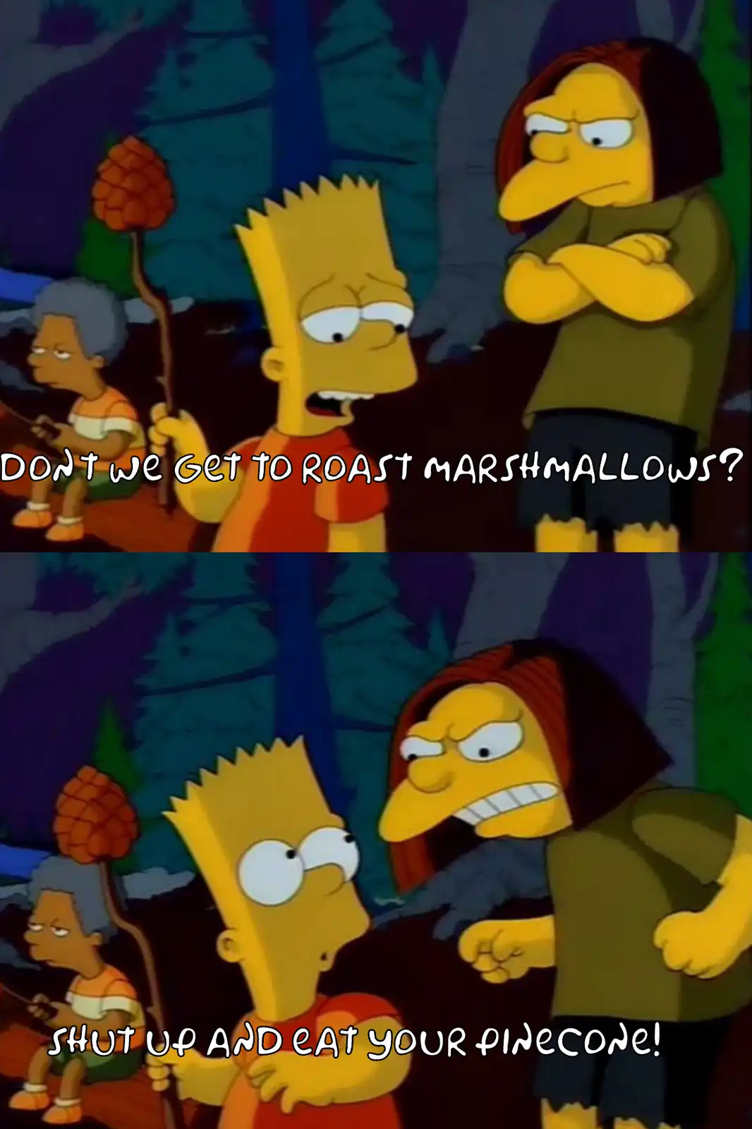 The image is a two-panel meme from The Simpsons. In the top panel, Bart Simpson asks, "DON'T WE GET TO ROAST MARSHMALLOWS?"…