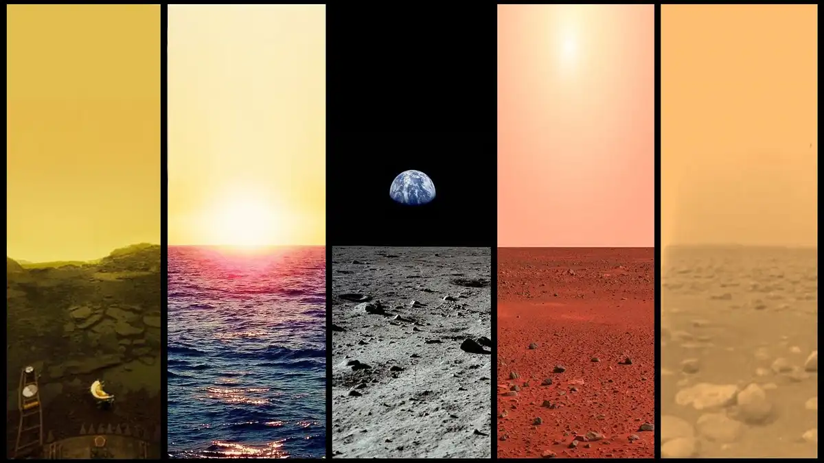 A five-panel collage shows various planetary and lunar landscapes: a yellow-hued Martian surface with a rover, a vibrant…