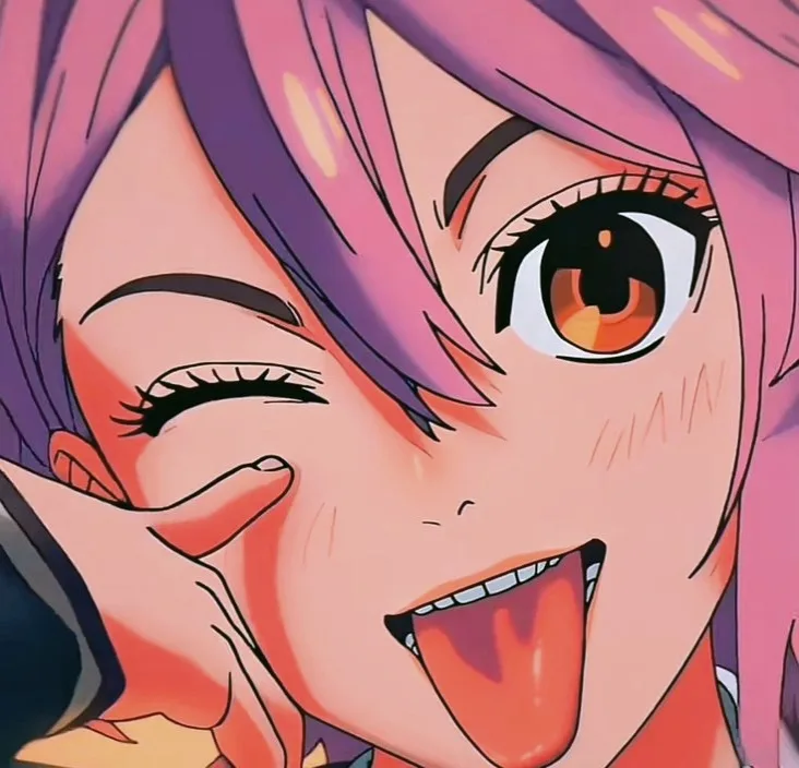 A close-up anime-style illustration of a young woman with pink hair and orange eyes, winking one eye while sticking her…