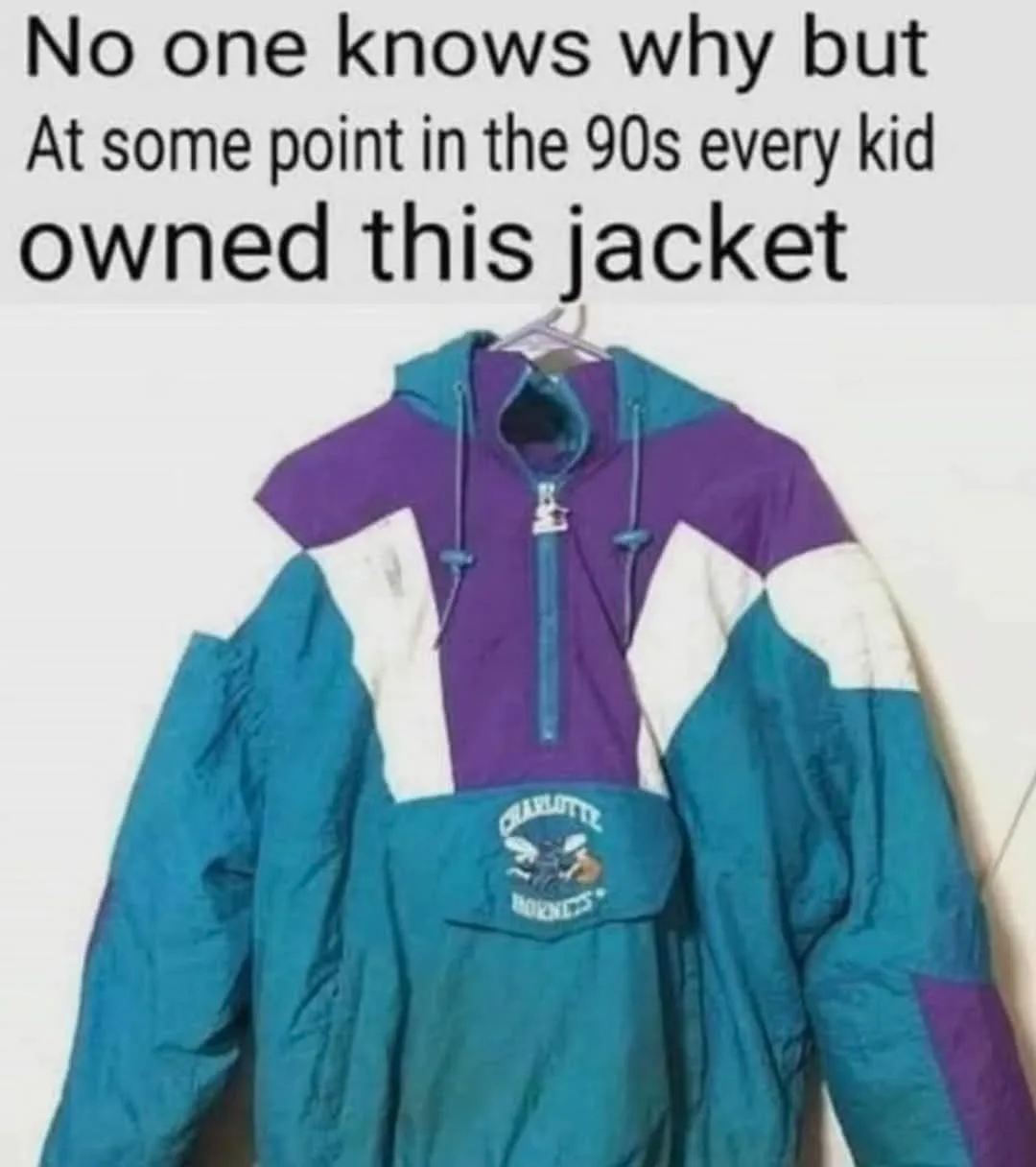 A faded, multi-colored 90s windbreaker jacket with purple, teal, and white panels hangs on a hanger against a plain wall…