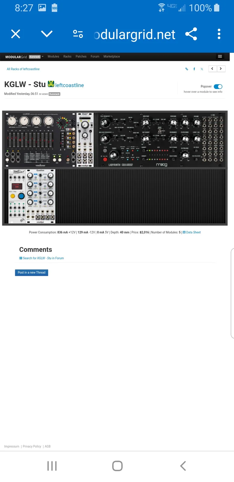 The image shows a screenshot of a webpage from modulargrid.net displaying a Eurorack modular synthesizer rack named 'KGLW…