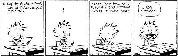A four-panel comic strip shows a student attempting to answer a physics question. In the first panel, the student is given…