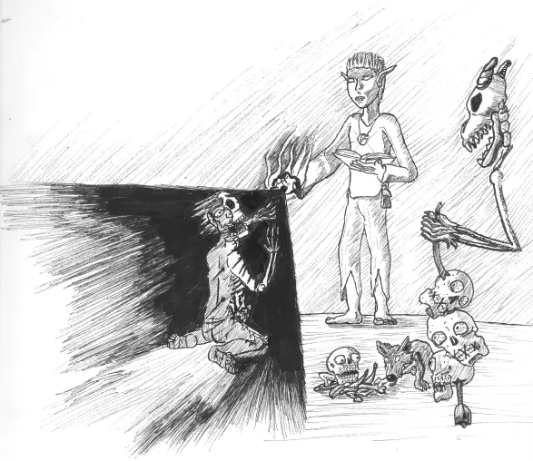 A black-and-white sketch shows a person in a white shirt and pants standing beside a dark portal, holding a book. Inside the…