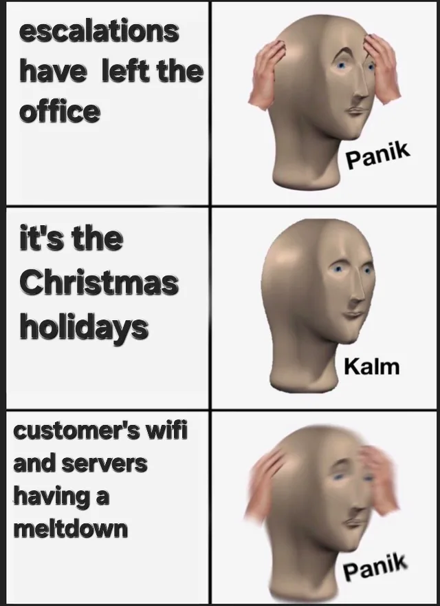 A four-panel meme using a 3D-rendered mannequin head. Top-left panel shows text 'escalations have left the office' with the…