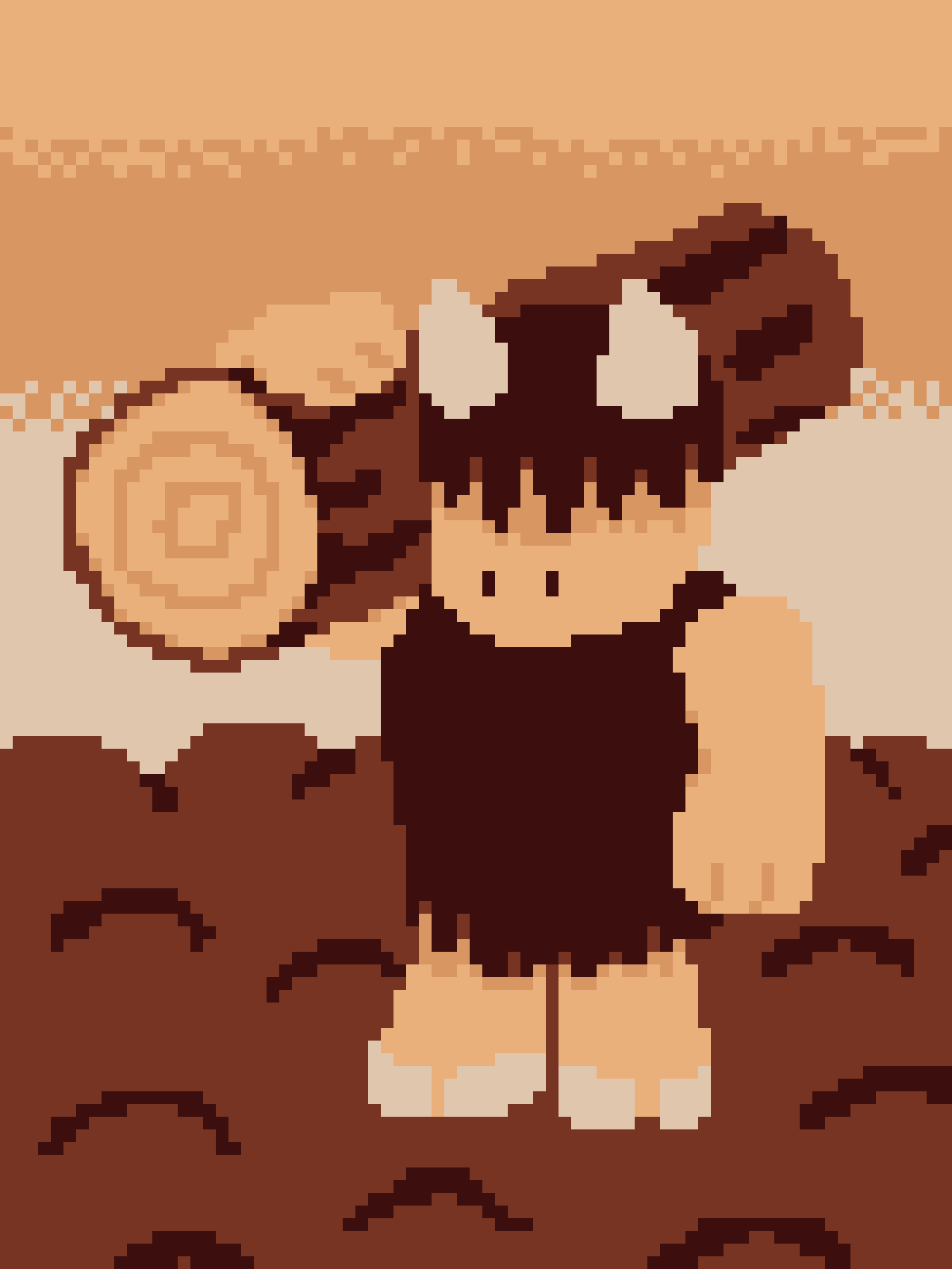 A pixel art image shows a brown, furry creature with horns and a spiral shell on its back, standing in a muddy environment…