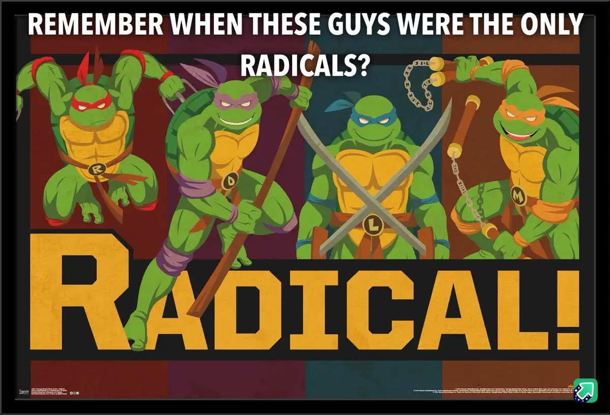 The image features four green anthropomorphic turtles, each wearing colored bandanas (red, purple, blue, orange) and…