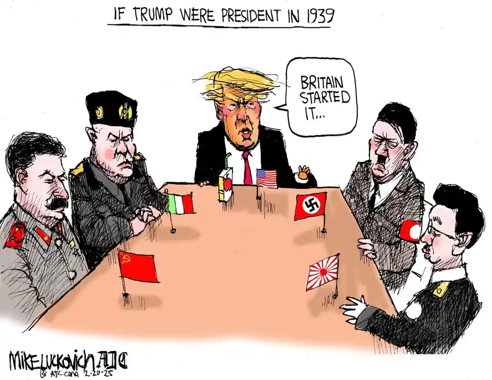 A political cartoon depicts a meeting of historical figures from 1939, including caricatures of Adolf Hitler, Benito…