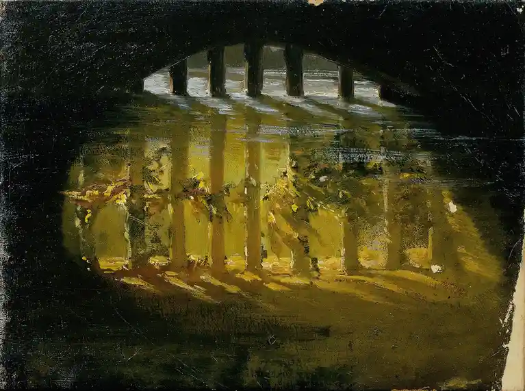 A painting depicts a dark, arched bridge structure with vertical supports, viewed from underneath. The scene is illuminated…