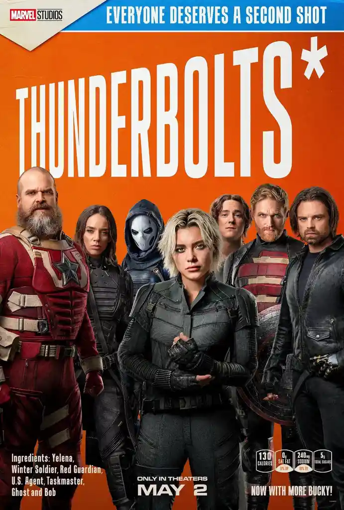 A promotional poster for the Marvel Studios movie 'Thunderbolts*' features seven characters in superhero costumes against an…