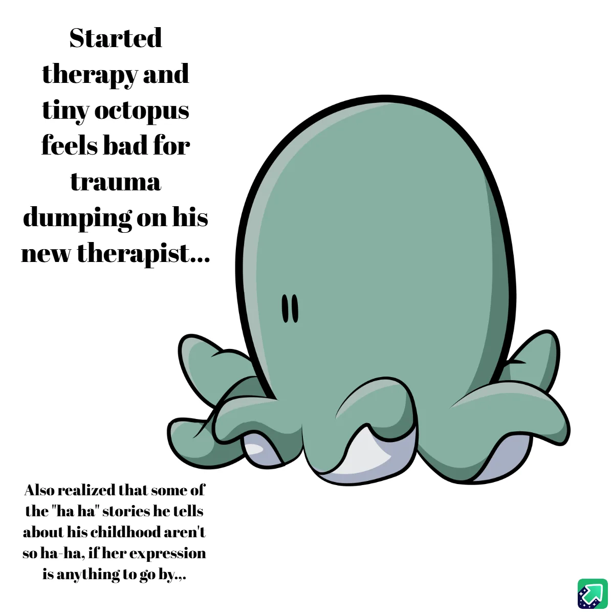 A cartoon illustration of a small, green octopus with a sad, downward-looking expression, sitting on a plain white…