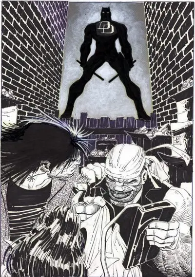 A black-and-white comic panel shows a man with a bald head and a woman with spiky hair looking up in awe at a giant…
