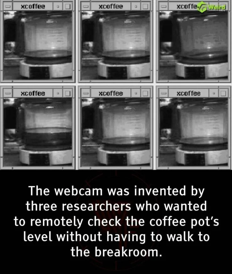 The image displays six black-and-white webcam feeds labeled 'xcoffee', showing a coffee pot filling up over time. The bottom…