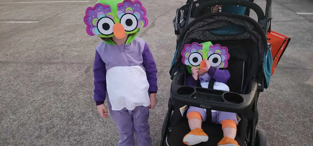 Two children dressed identically in purple and white owl costumes with large, colorful owl masks covering their faces stand…