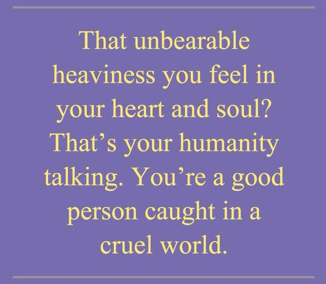 A solid purple background with centered, yellow serif text that reads: 'That unbearable heaviness you feel in your heart and…
