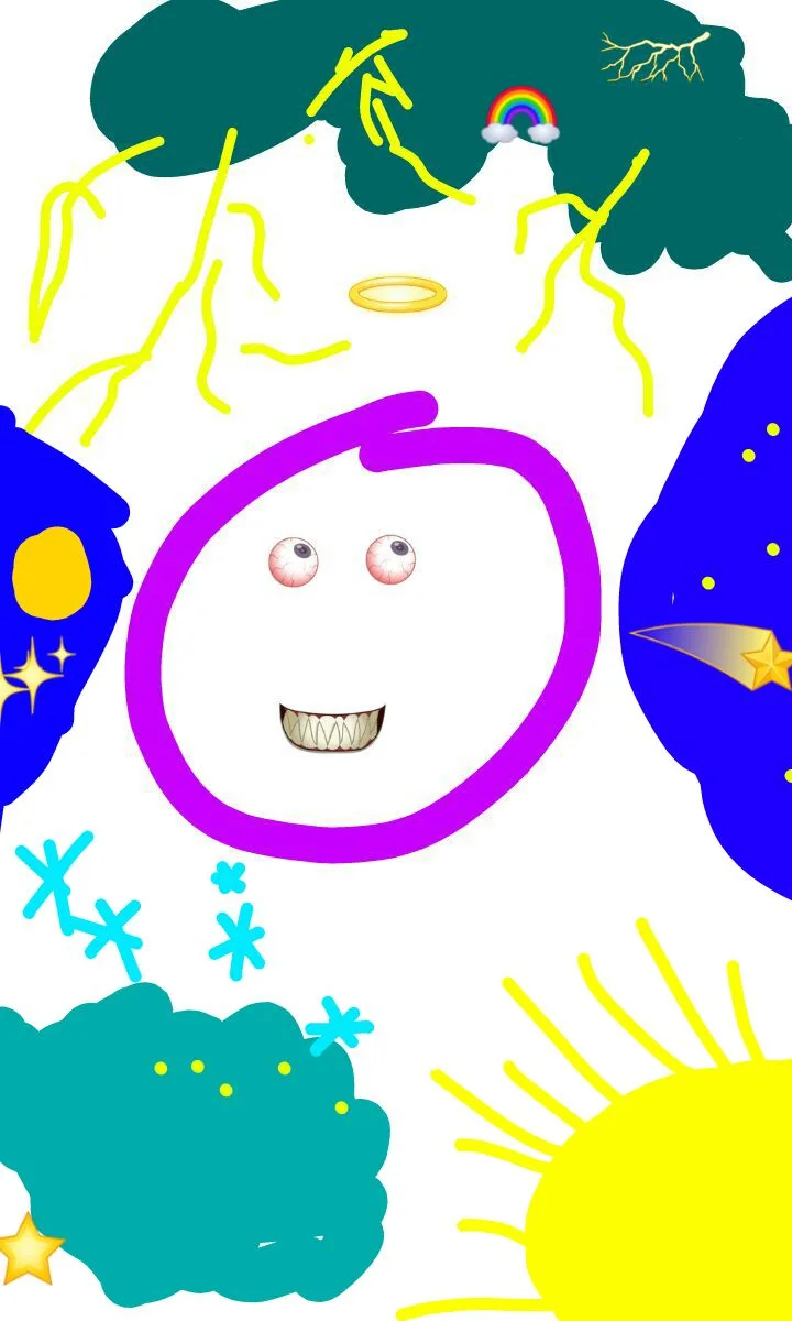 A crudely drawn cartoon face with a purple outline, wide eyes, and a toothy grin, surrounded by chaotic, colorful elements…