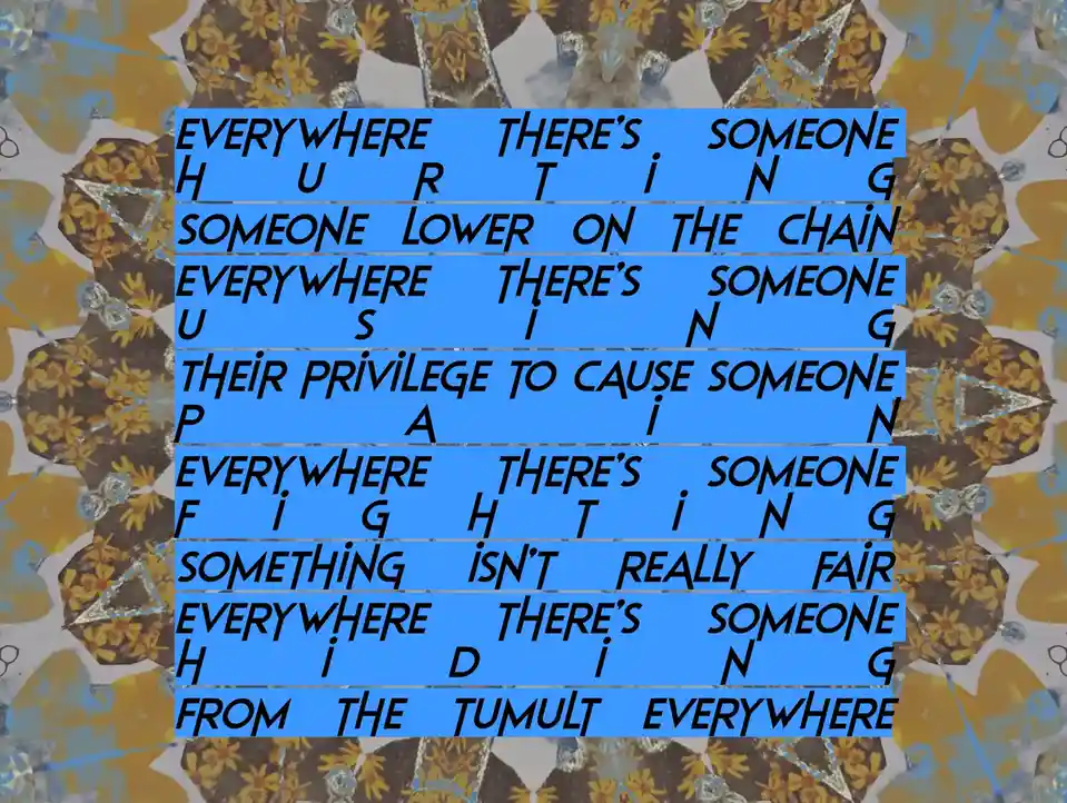 A collage of yellow, brown, and blue floral and geometric patterns serves as the background for a blue text box containing…