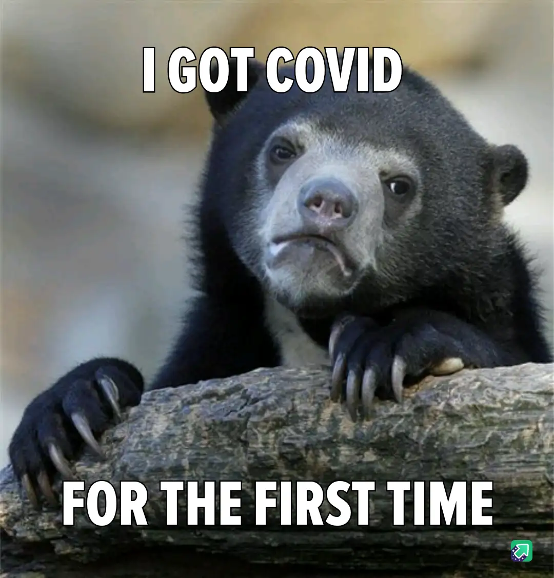 A close-up photo of a sad-looking spectacled bear resting its paws on a log, with white bold text overlaid at the top…