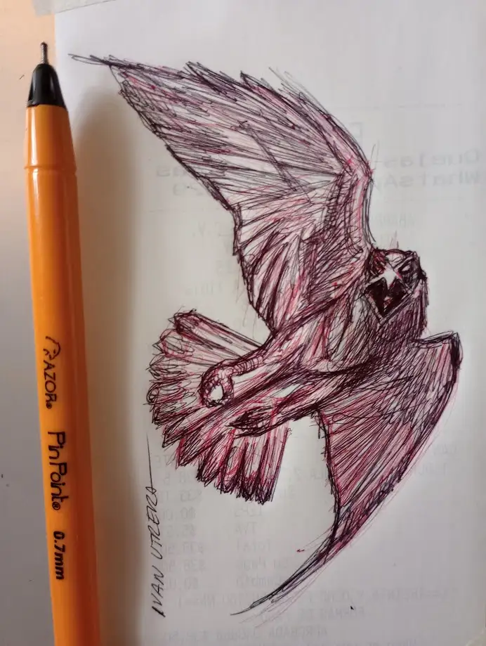 A hand-drawn sketch of a bird in flight, rendered in red ink with heavy, scribbled lines, is shown on paper next to an…