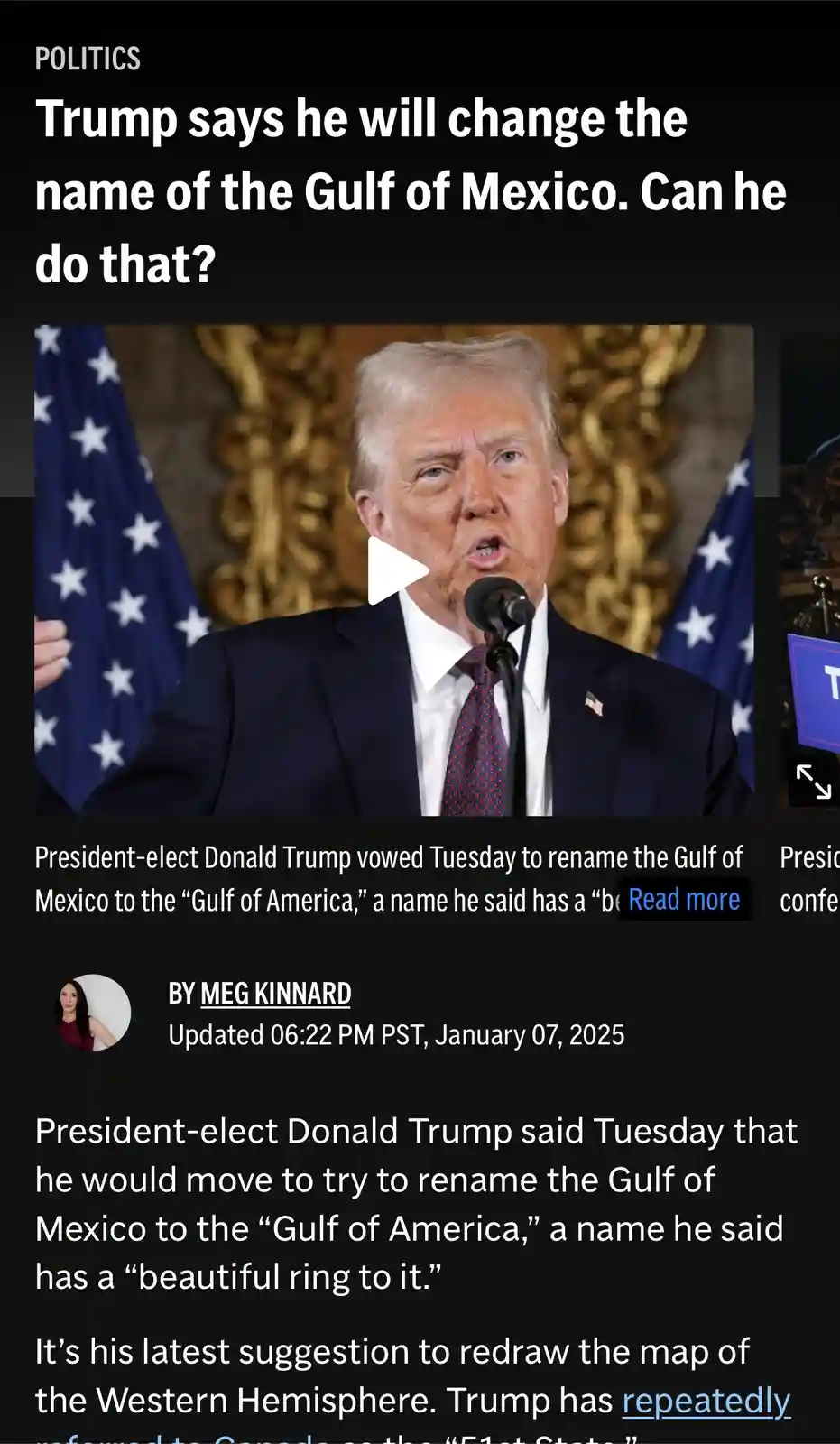 A screenshot of a news article about Donald Trump's claim to rename the Gulf of Mexico to the 'Gulf of America,' featuring a…