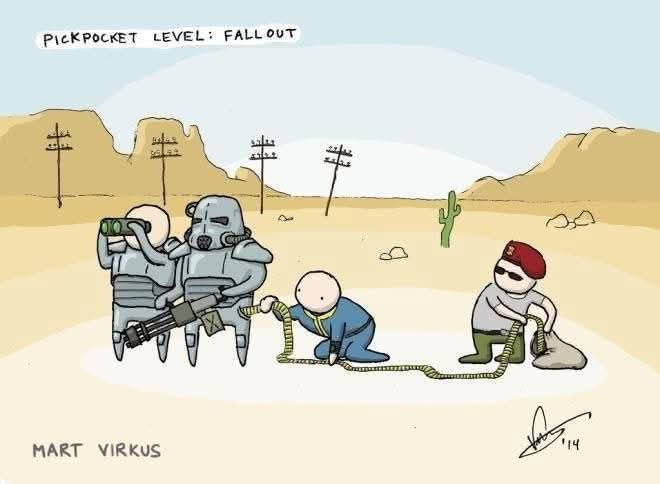 In a desert setting with cacti and power lines, two heavily armed, armored figures with gas masks and binoculars watch as…