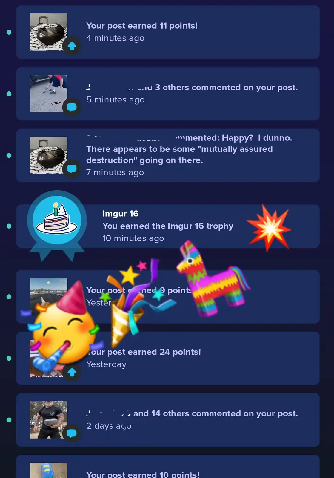 A screenshot of an Imgur activity feed showing notifications for post points, comments, and a 'Imgur 16' trophy earned. One…