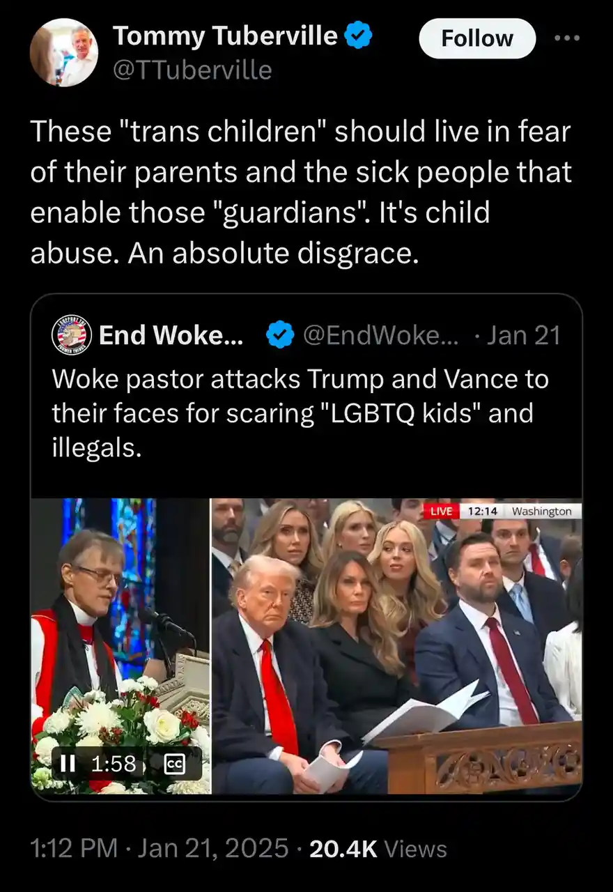 A screenshot of a Twitter post by Tommy Tuberville showing a split-screen video. The left side shows a man in clerical…