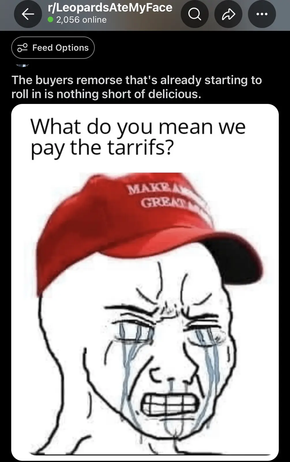 A crudely drawn cartoon face with exaggerated tears and a distressed expression, wearing a red 'MAKE AMERICA GREAT AGAIN'…