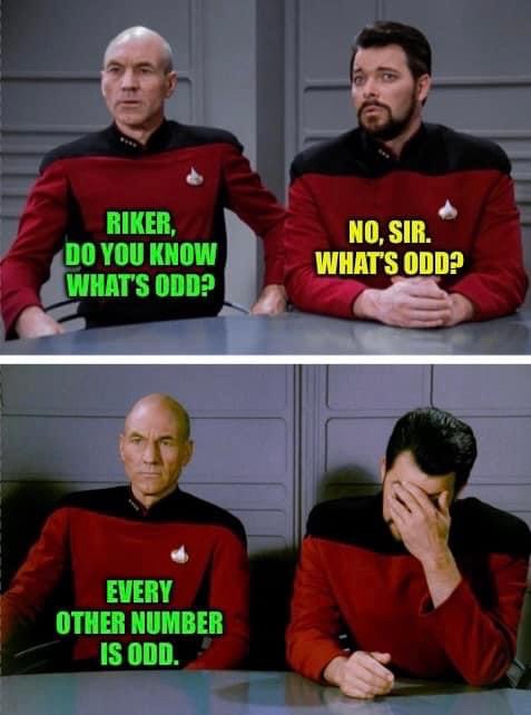 Two panels show Star Trek characters Captain Picard and Commander Riker in red uniforms. In the top panel, Picard asks…