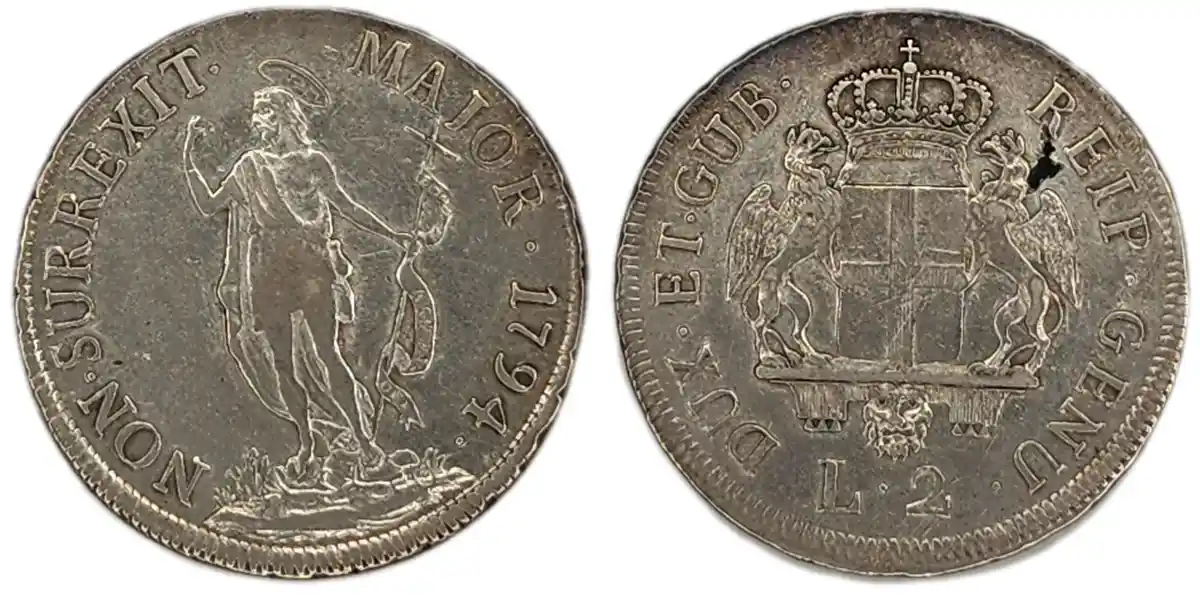 The image displays two sides of an old silver coin from 1794. The obverse shows a figure of Jesus Christ with a halo…