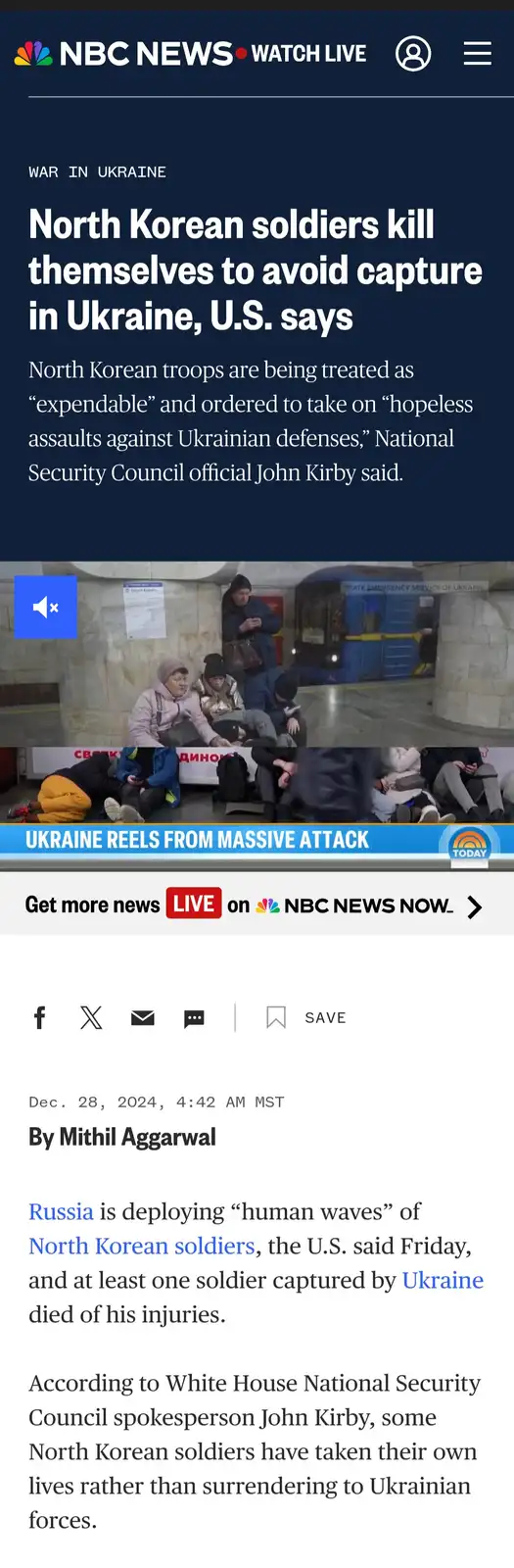An NBC News article screenshot with a headline claiming 'North Korean soldiers kill themselves to avoid capture in Ukraine…