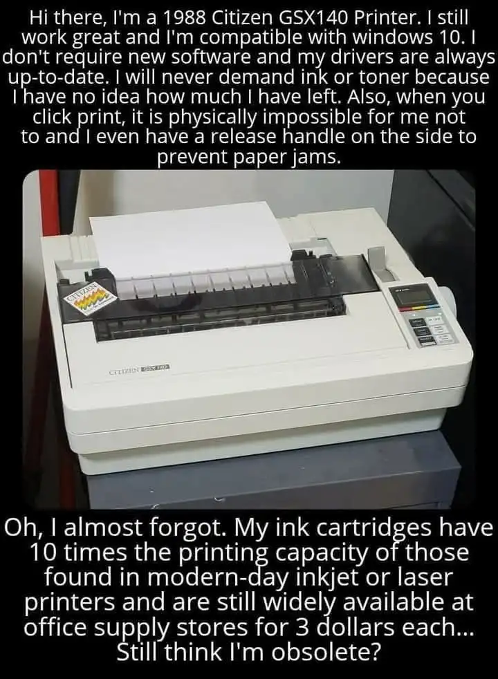 A white 1988 Citizen GSX140 dot matrix printer is shown with paper loaded, overlaid with text where the printer 'speaks'…