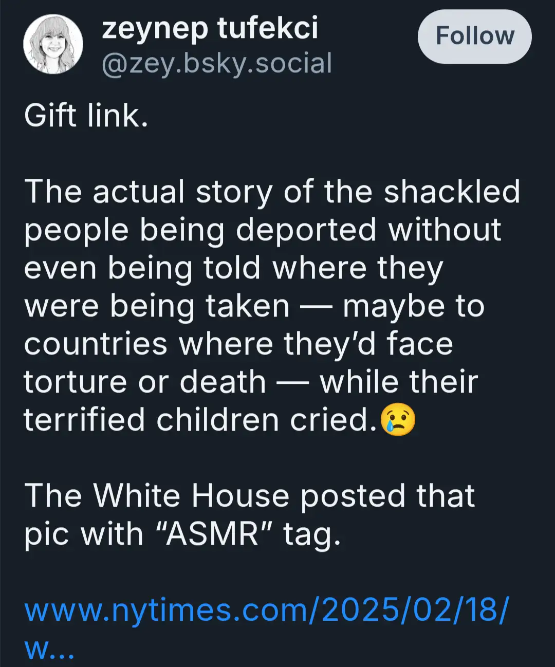 A screenshot of a social media post by Zeynep Tufekci describing the grim reality of deportations, contrasting it with the…