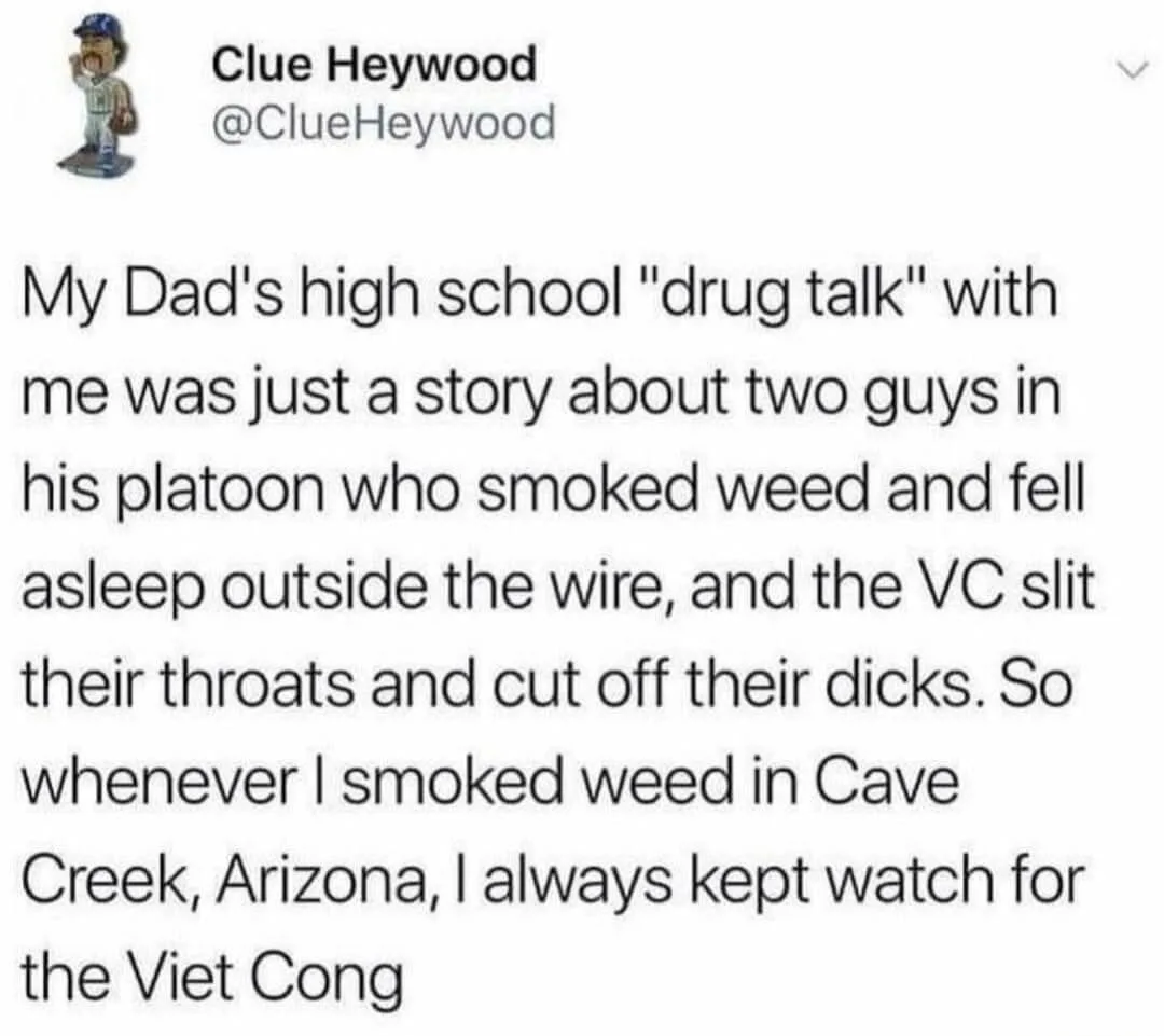 A screenshot of a tweet by Clue Heywood (@ClueHeywood) showing a darkly humorous anecdote about his father's exaggerated…