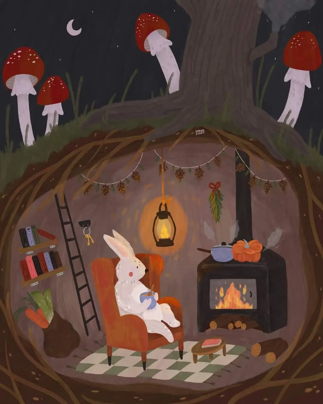 A cozy, whimsical illustration shows a white rabbit sitting in a red armchair inside a tree hollow at night, holding a bowl…