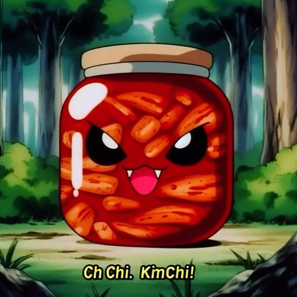 A cartoon jar of kimchi with an angry, demonic face featuring sharp teeth and glowing eyes, standing in a forest. The…