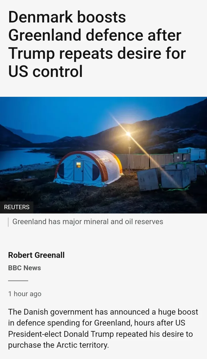 A screenshot of a BBC News article with the headline 'Denmark boosts Greenland defence after Trump repeats desire for US…