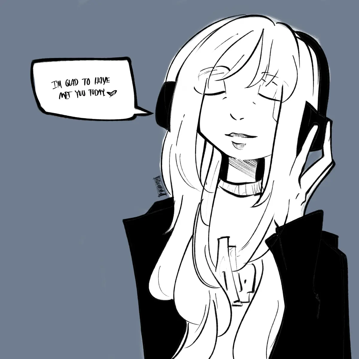 A black-and-white anime-style illustration shows a young woman with long white hair, wearing headphones and holding a phone…