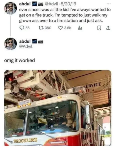 A screenshot of a tweet by user 'abdul' showing a photo of a fire truck inside a station. The tweet reads: 'ever since i was…
