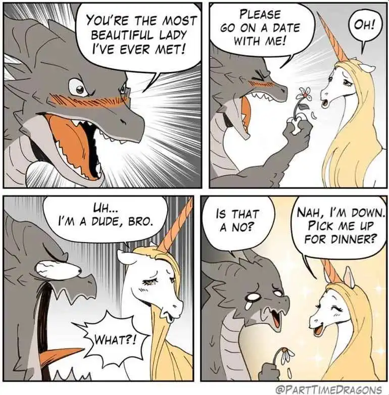 A four-panel comic strip shows a dragon enthusiastically proposing to a unicorn. The dragon declares the unicorn the most…
