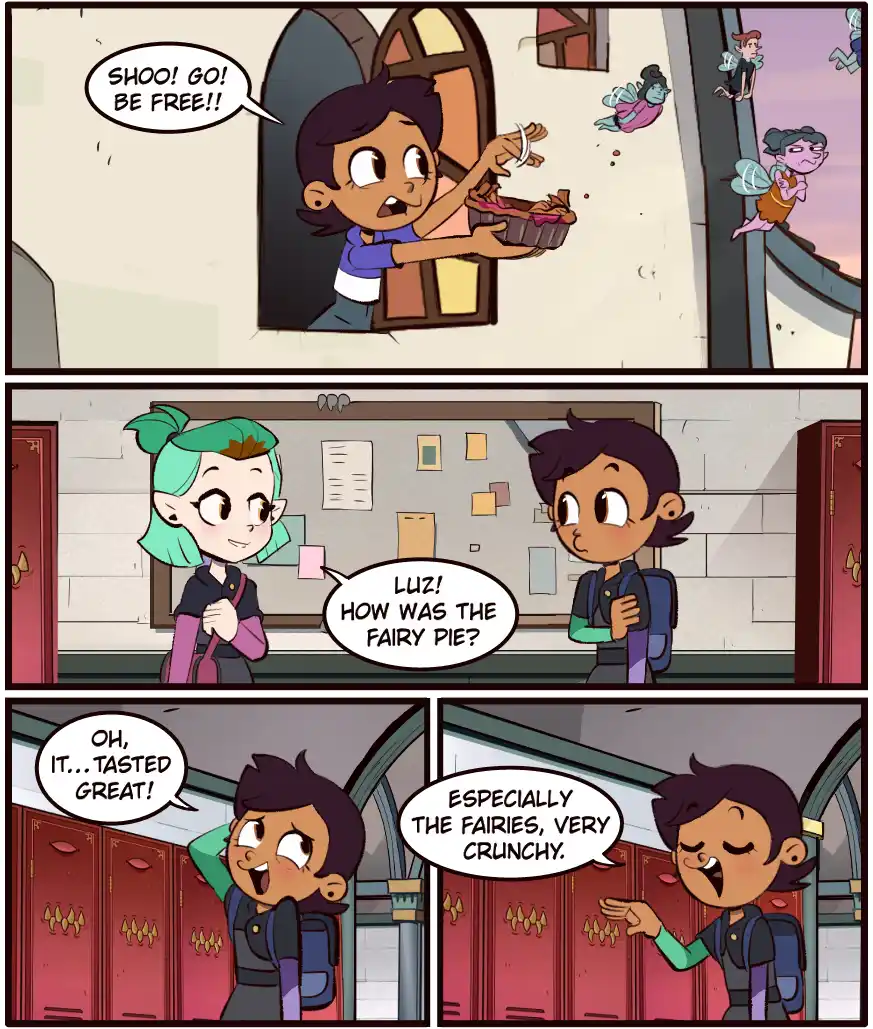 A three-panel comic strip from 'The Owl House' shows Luz throwing fairy pie scraps out a window to shoo away fairies, then…