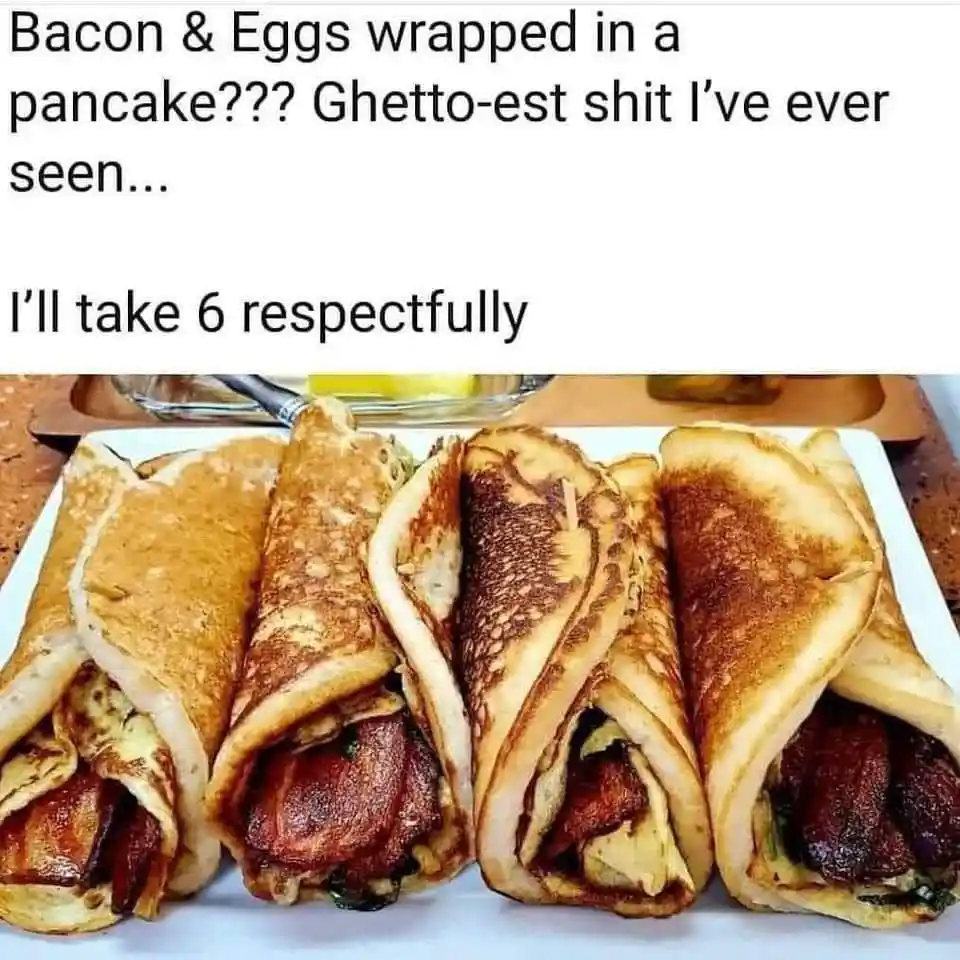A white plate holds five rolled-up pancakes, each filled with bacon and scrambled eggs, arranged in a row. The overlaid text…