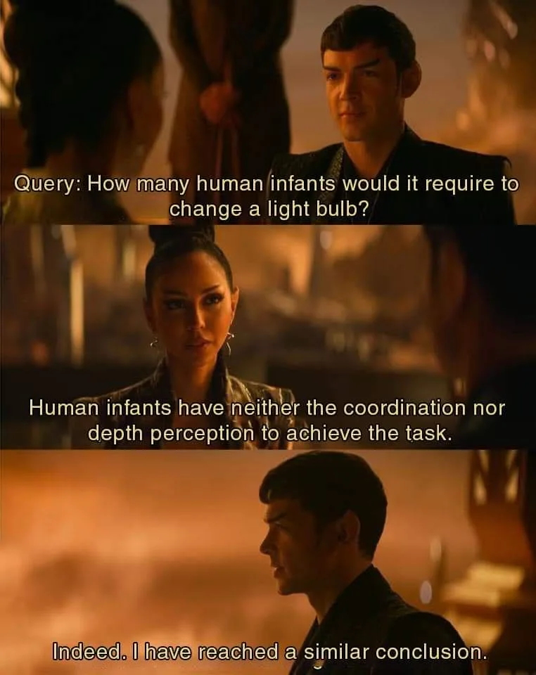 A three-panel meme from Star Trek: Discovery featuring a man and a woman in a dimly lit room. The first panel shows the man…