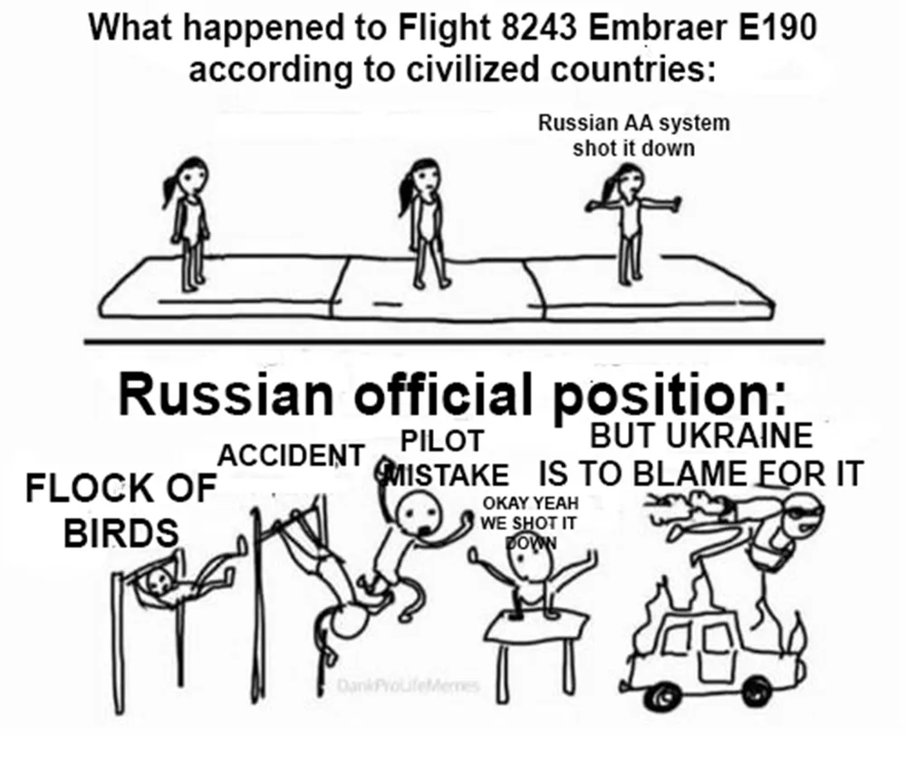 A two-part cartoon depicts a flight incident. The top panel shows three women on a trampoline, with text stating 'Russian AA…