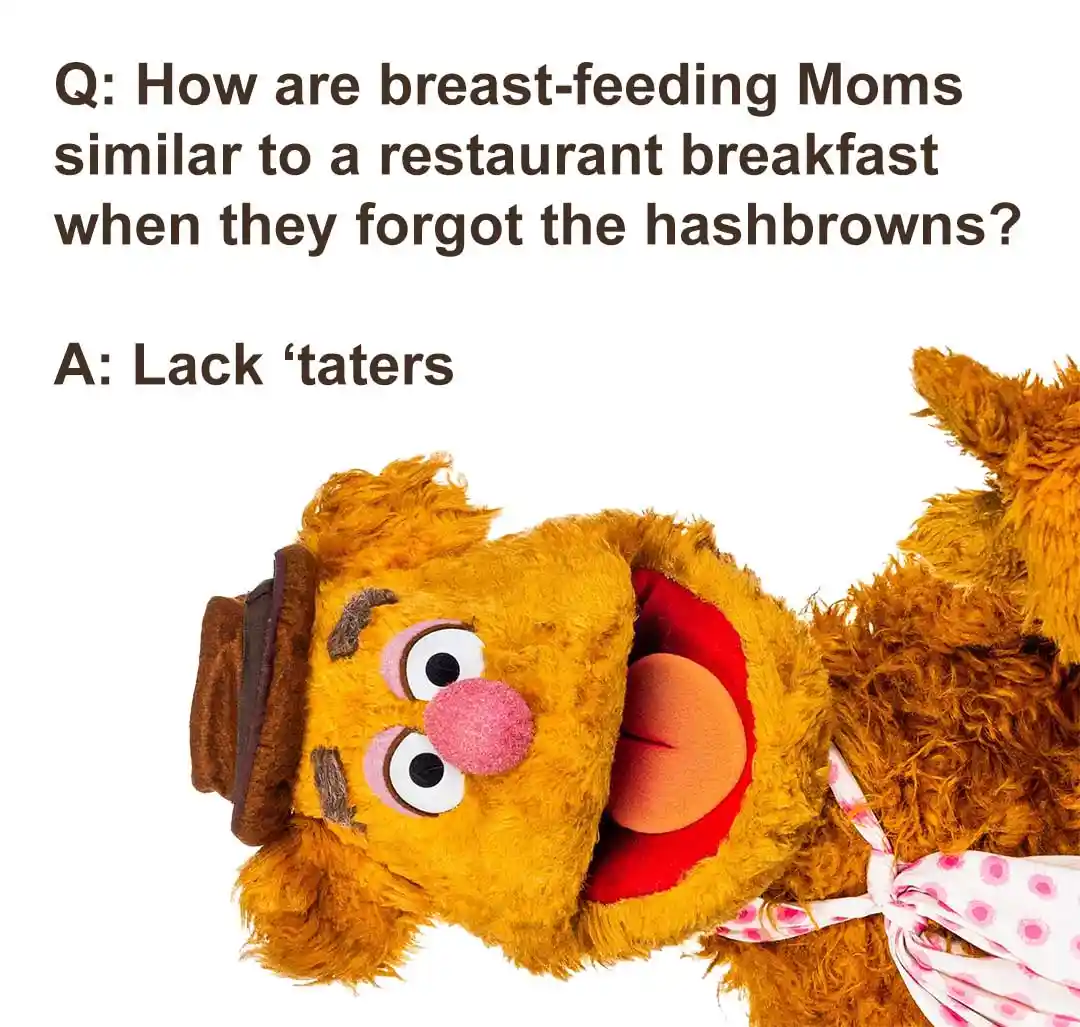 The image features Fozzie Bear, a yellow Muppet with a brown hat and pink nose, wearing a pink polka-dot apron and laughing…