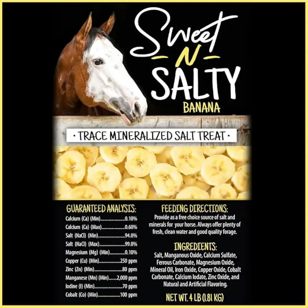 The image is a product label for a horse treat called 'Sweet N SALTY BANANA', featuring a photo of a horse's head peeking…